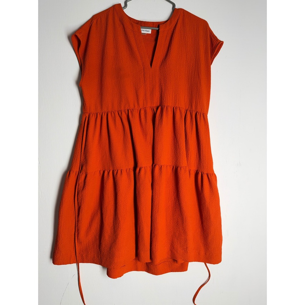 Calvin Klein Orange Tiered Mini Dress Sleeveless V-Neck Textured Summer Size 12